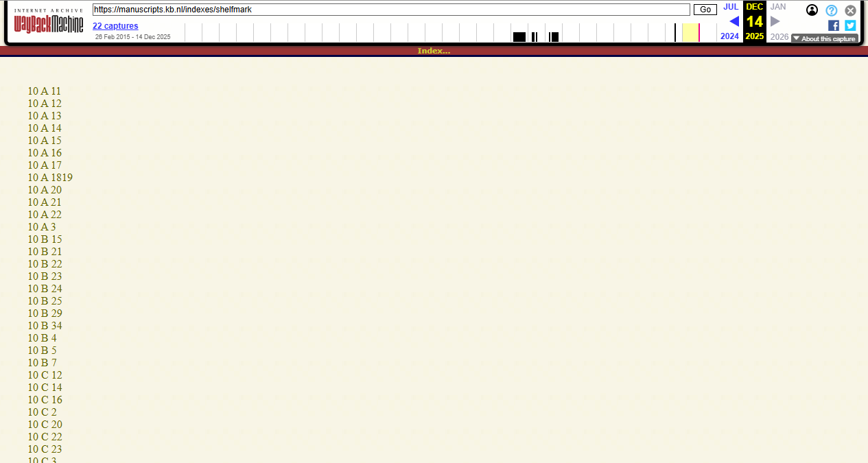 manuscripts.kb.nl shelfmark index, as archived in Wayback Machine on 14-12-2025