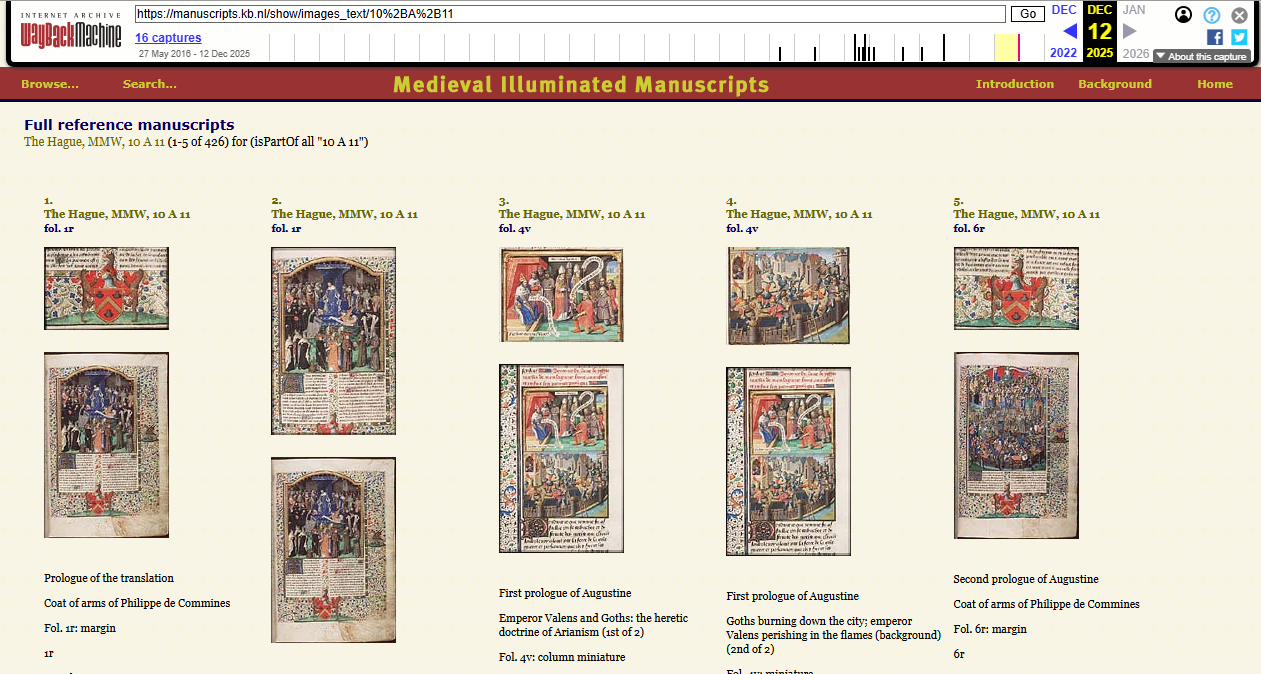 manuscripts.kb.nl image gallery with text for 10 A 11, as archived in Wayback Machine on 12-12-2025