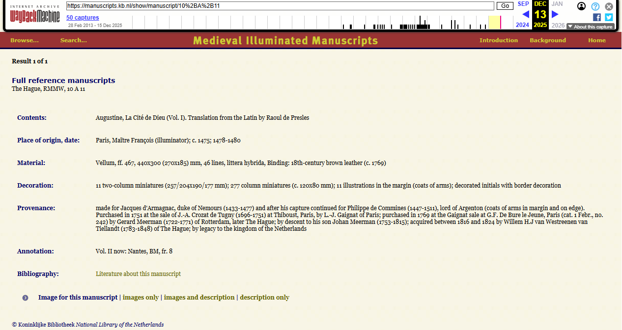 manuscripts.kb.nl manuscript detail page for 10 A 11, as archived in Wayback Machine on 13-12-2025