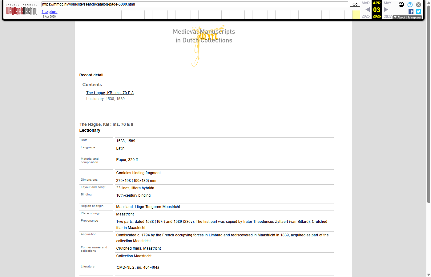 Catalog page 5000: Lectionary, as archived in Wayback Machine on 03-04-2026