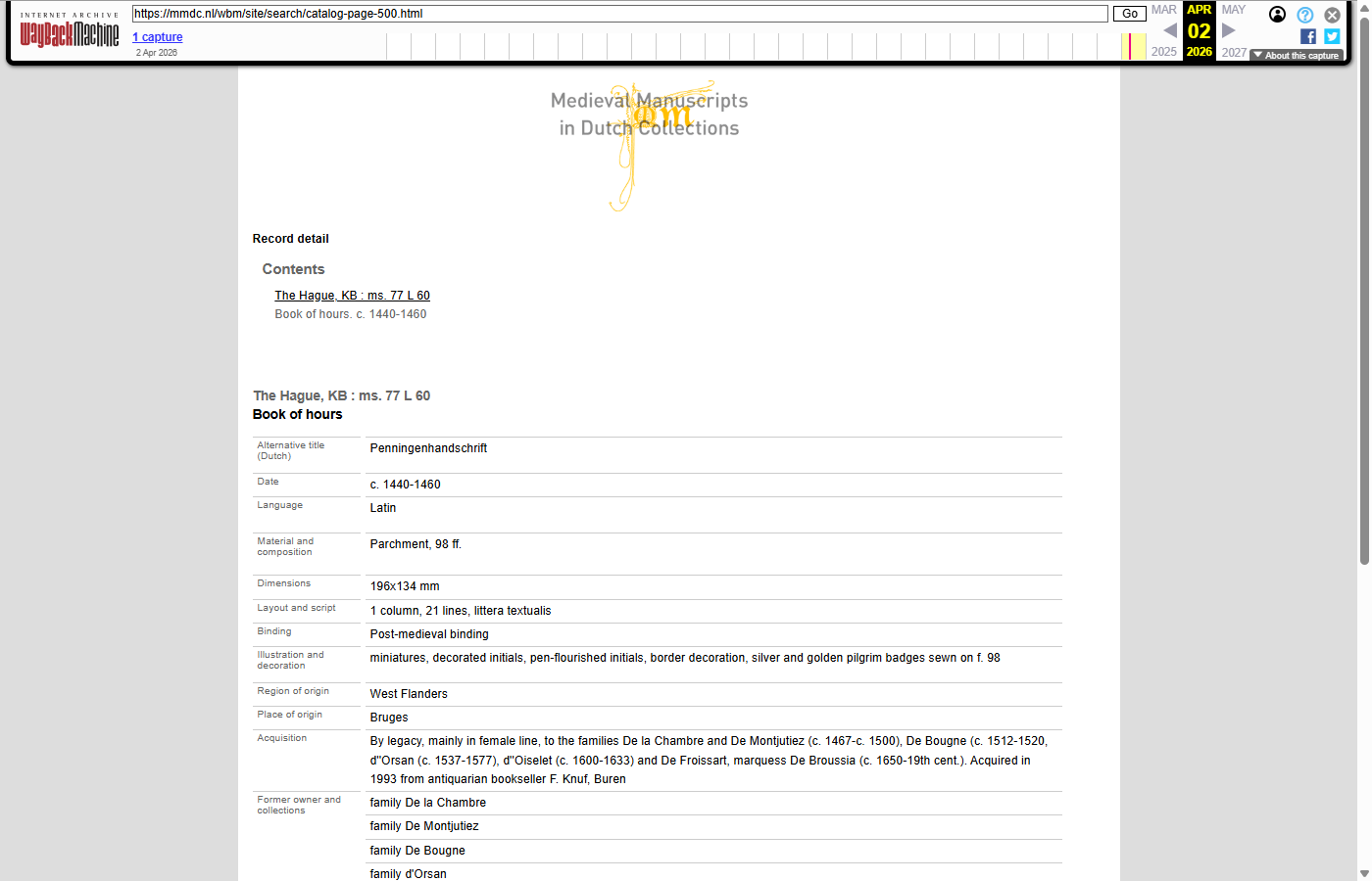 Catalog page 500: Book of hours, as archived in Wayback Machine on 02-04-2026