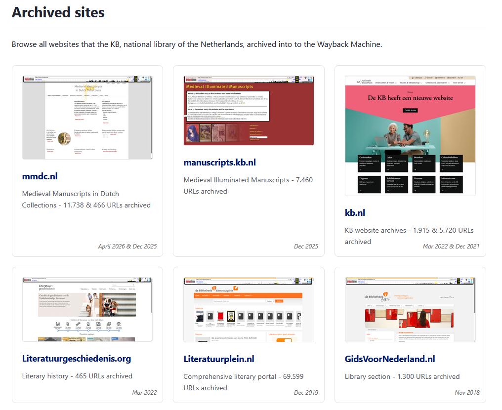 Screenshot of the overview page of all archived sites