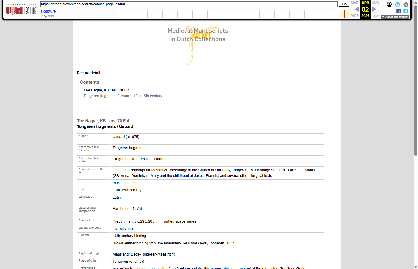 Catalog page 2: Tongeren fragments / Usuard, as archived in Wayback Machine on 02-04-2026